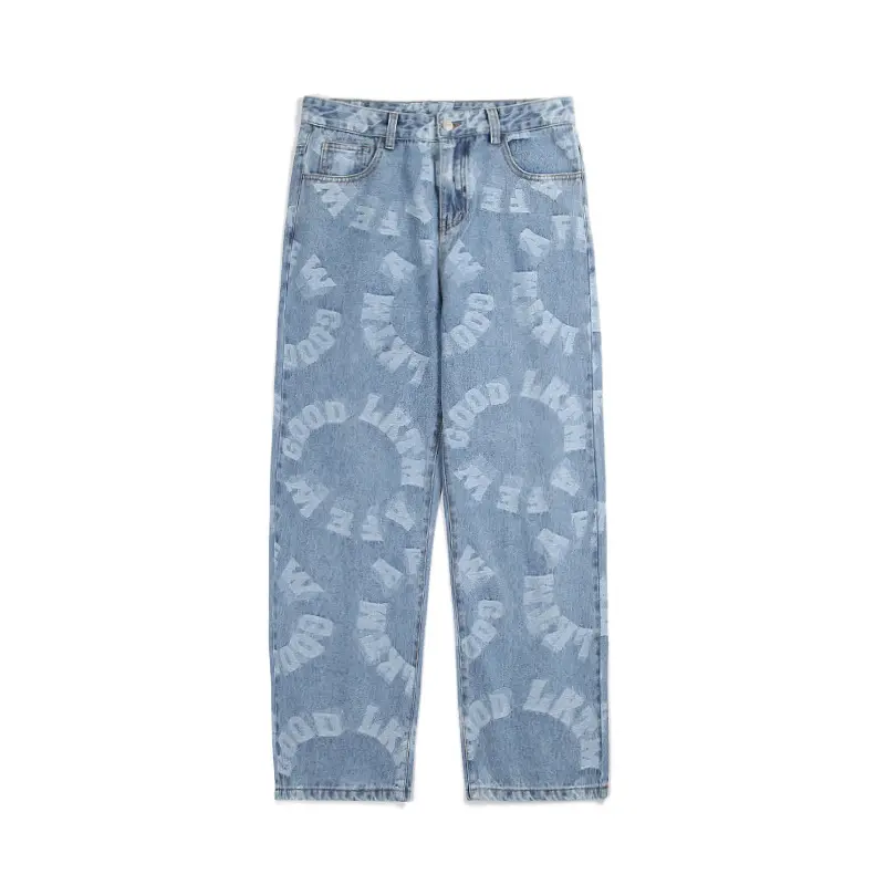 Wholesale Spring Denim Lightweight Jacquard Men's Jeans Wide Leg Washed Loose Straight Denim Fabric Long Pants