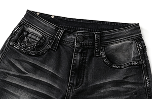 IN Stock Black Men’s Sanding Heavy Stitch Straight Leg Washed <b>Embroidered</b> Denim <b>Jeans</b> Mid Waist fashion <b>jeans</b> for men - Product Image 5