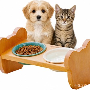 Soporte de Madera para Comedero de Gatos, Doble Comedero Elevado para Perros, Plato de Comida para Mascotas de Madera Sólida - Product Image 1