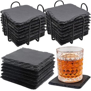 Sous-verres carrés en pierre, 6 mm d'épaisseur, antidérapants, design moderne, pour boissons, noirs, 4x4 pouces, ensemble avec support en métal - Product Image 1
