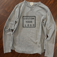 Groothandel OEM Custom Logo Print Heather Grey Langarm T-shirt Unisex V-hals V-detail Zachte Katoenmix Casual T-shirt