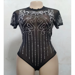 Elegante body da donna con decorazioni trasparenti stampa scava Casual Plus Size maniche corte Skinny Fit per feste eventi - Product Image 1