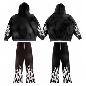 Ensemble de survêtements d'hiver en molleton épais pour hommes, personnalisé avec broderie délavée et patchs, deux pièces : sweat à capuche et pantalon de jogging - Product Image 1