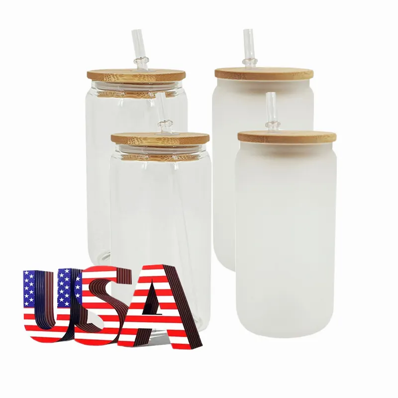 Bote de vidrio de sublimación en blanco con tapa de bambú y paja de vidrio para impresión por sublimación, 16oz, 12oz, 3-7 días, almacén de EE. UU.