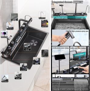 Lavello da <span class=keywords><strong>Cucina</strong></span> in Acciaio Inox Nero Nano <span class=keywords><strong>Anticalcare</strong></span>, Lavello Multifunzionale a Cascata con Supporto <span class=keywords><strong>per</strong></span> Telefono - Product Image 4