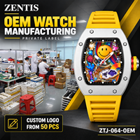 Montre à quartz pour homme en alliage, forme baril, visage souriant, personnalisable OEM, luxe et mode, 43 mm, aiguilles lumineuses, résistante à l'eau 30M