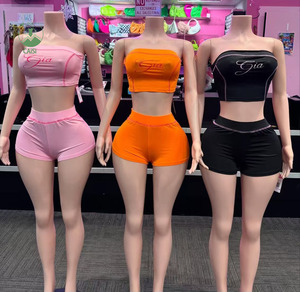 Completo Due Pezzi da Donna Primavera Estate, <span class=keywords><strong>Top</strong></span> Corto a Fascia e Pantaloncini Stampati Digitali – Set Sportivo Urbano - Product Image 1