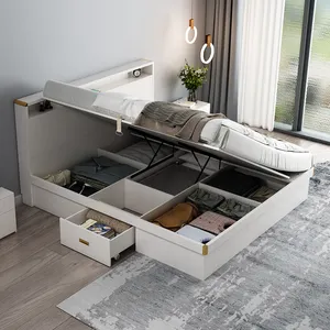 Modern White Wooden King-Size Bed Frame With LED Light Storage Drawers Underneath For Bedroom Home Furniture