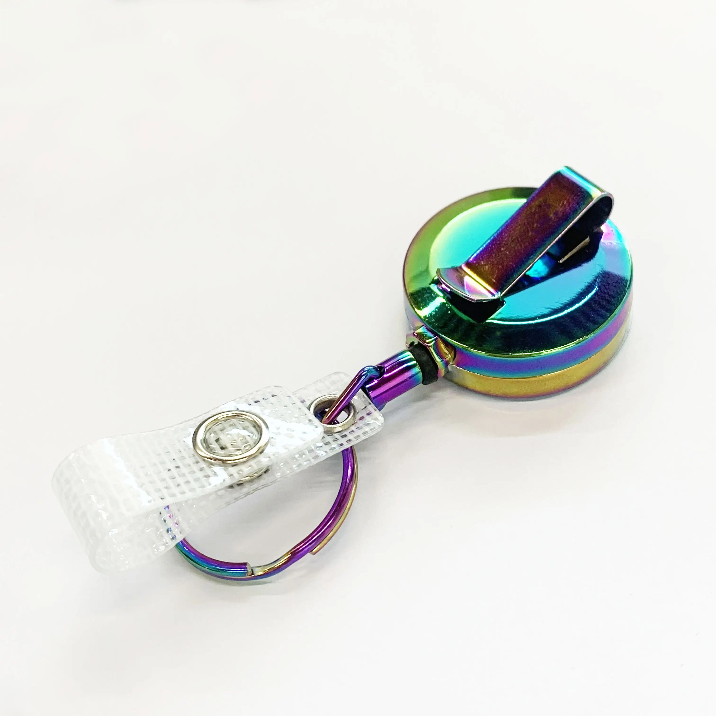 M-010 suporte retrátil para crachá de escritório em metal arco-íris redondo, porta-chaves para cartão de nome, cinto de metal, clipe de suporte