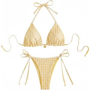 Women's Plaid Cheeky <b>Bikini</b> <b>Set</b> 2 Piece Gingham Halter Triangle <b>String</b> High Cut Swimsuit Stretch Bathing Suit - Product Image 3