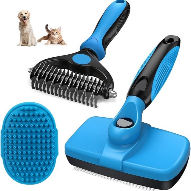 Pet Grooming Brush Set Dog & Cat Deshedding Knot-Breaking Fur-Removal Bathing & Massage 3-Piece Thermoplastic Rubber Brush Set