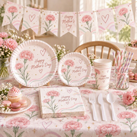 Articles pour la fête des mères : Assiettes, gobelets, serviettes, nappe, bannière décorative à motif de carnations roses, ensembles de vaisselle jetable pour la fête des mères