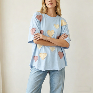 T-shirt décontracté en jersey tricoté pour femme, coupe courte, manches courtes, imprimé, avec patch brodé personnalisé, style streetwear, vente en gros - Product Image 3