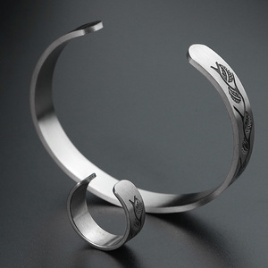 European American Style Feather Leaf Retro Men's Stainless Steel Ring And <b>Bracelet</b> Internet Popular Hipster Student Jewelry <b>Set</b> - Product Image 3