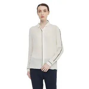 100% silk office lady white shirt long sleeve front placket relaxed bulouse Semi-Fitted shirt neck woven top