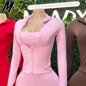 Ensemble de vêtements formels trois pièces pour femmes Milady, veste à capuche en nylon, débardeur style gilet avec trous pour les pouces, pantalon évasé, tenue de <span class=keywords><strong>fitness</strong></span> et de yoga - Product Image 4