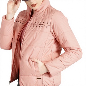 Pink <b>Quilted</b> <b>Jacket</b> Women Stand Collar Zipper Front Lace Up Detail Winter Coat Full Sleeve Solid Color Polyester Wadding - Product Image 3