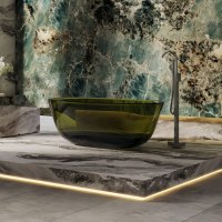 Baignoire ovale autoportante haut de gamme en résine transparente, écologique, moderne, pour intérieur, capacité 50-59 gallons, avec drain intégré