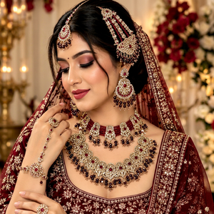 Parure de collier et boucles d'oreilles de mariée orthodoxe Kundan en zircon pour femme, style indien, en alliage plaqué bronze antique, motif floral imitation - Product Image 1