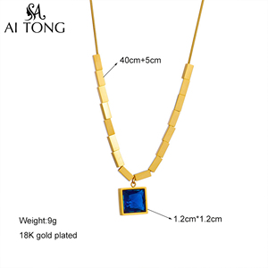 Collier élégant en acier inoxydable, style rétro parisien, avec pendentif carré orné de diamants bleus, polyvalent, idéal pour les trajets quotidiens - Grande <span class=keywords><strong>Vente</strong></span> - Product Image 4