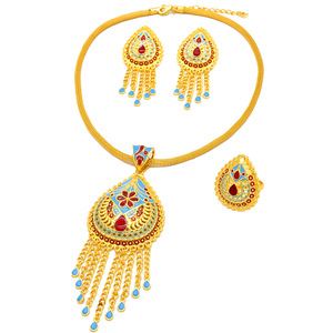 Ensemble de bijoux Enid de luxe léger, style ethnique rétro, motif floral chinois, avec pampilles, en alliage plaqué or 24K, comprenant pendentif, boucles d'oreilles et bague - Product Image 5