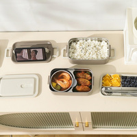Boîte à lunch bento Happycooking en acier inoxydable pour enfants et adultes, double niveau, étanche, compatible micro-ondes, sac isotherme, couverts
