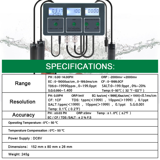 8-in-1 Multifunction Smart Water Quality Tester pH EC TDS ORP FF Meter WIFI Control Salt S.G. Temp Aquarium Pool Monitor OEM ODM