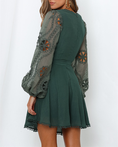 Abito da donna personalizzato con scollo <span class=keywords><strong>a</strong></span> V in pizzo con maniche <span class=keywords><strong>a</strong></span> <span class=keywords><strong>palloncino</strong></span> abito in vita Sexy <span class=keywords><strong>taglie</strong></span> <span class=keywords><strong>forti</strong></span> Casual Mini abito - Product Image 3