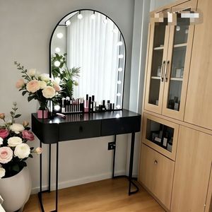 Black LED Vanity <b>Mirror</b> Table Makeup <b>Desk</b> Arched Hollywood Style Dressing Table with Drawers for Bedroom Salon - Product Image 2