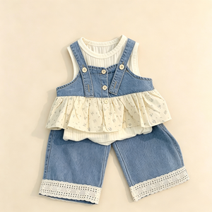 Ensemble tendance <span class=keywords><strong>Nina</strong></span> pour fillettes : Gilet en jean à volants superposés et pantalon droit avec détails en dentelle pour l'été et le quotidien - Product Image 2