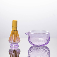 Bol à Matcha en Verre Transparent Borosilicate 500ML, Bol à Matcha en Verre à Motifs Marteau Combinaison de Fouet à Thé