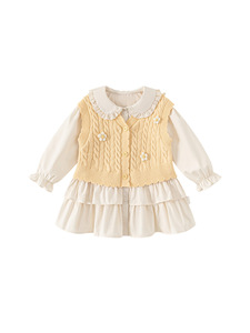 Set Autunnale per Bambine: Gilet in Maglia Intrecciata + Abito a Strati con Colletto a <span class=keywords><strong>Bambola</strong></span>, Completo da Principessa in 2 Pezzi - Product Image 1