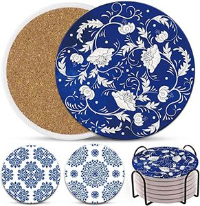 Sous-verre en céramique absorbant bleu et blanc avec support par machine d'impression UV, vente en gros - Product Image 1