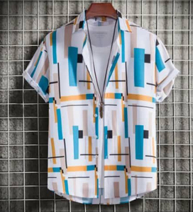 Camisa <span class=keywords><strong>Casual</strong></span> de Verano 2025 Estilo Hawaiano para <span class=keywords><strong>Hombre</strong></span>, Talla XL, Estampado Geométrico, <span class=keywords><strong>Manga</strong></span> <span class=keywords><strong>Corta</strong></span>, Precio de Fábrica, Diseño a Rayas - Product Image 1