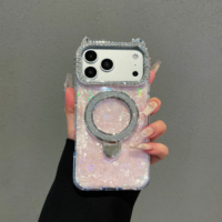 Étui magnétique de luxe avec oreilles de chat et strass pour iPhone 17 16 15 Pro Max, coque antichoc avec béquille, scintillante et mignonne