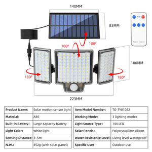 144LED alto brillo amplio rango SMD2835 Sensor de movimiento impermeable al aire libre luz de pared Solar con Control remoto para camino de jardín - Product Image 2