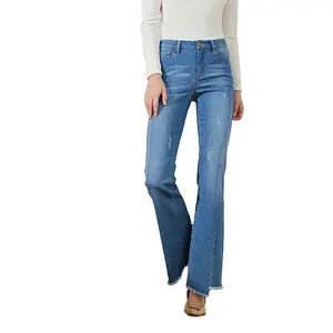 Custom High Quality Flare Jeans Women Zipper Fly High Waist Vintage Blue Stretch Skinny Sexy Jeans Girls