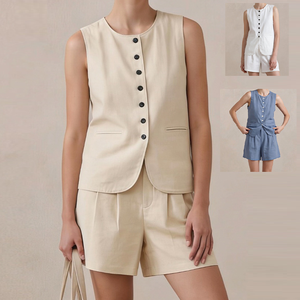 2 Piece Set Sleeveless Vest High Waist Micro A-line Shorts Loose <strong>Old</strong> Money Vintage Casual Office <strong>Lady</strong> Plain Dyed Daily <strong>Outfit</strong> - Product Image 1