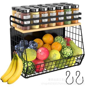 Iron Wood Combined Magnetic Storage Basket With Spice Rack For Kitchen Counter Fruit <b>Vegetable</b> Organizer - Product Image 1