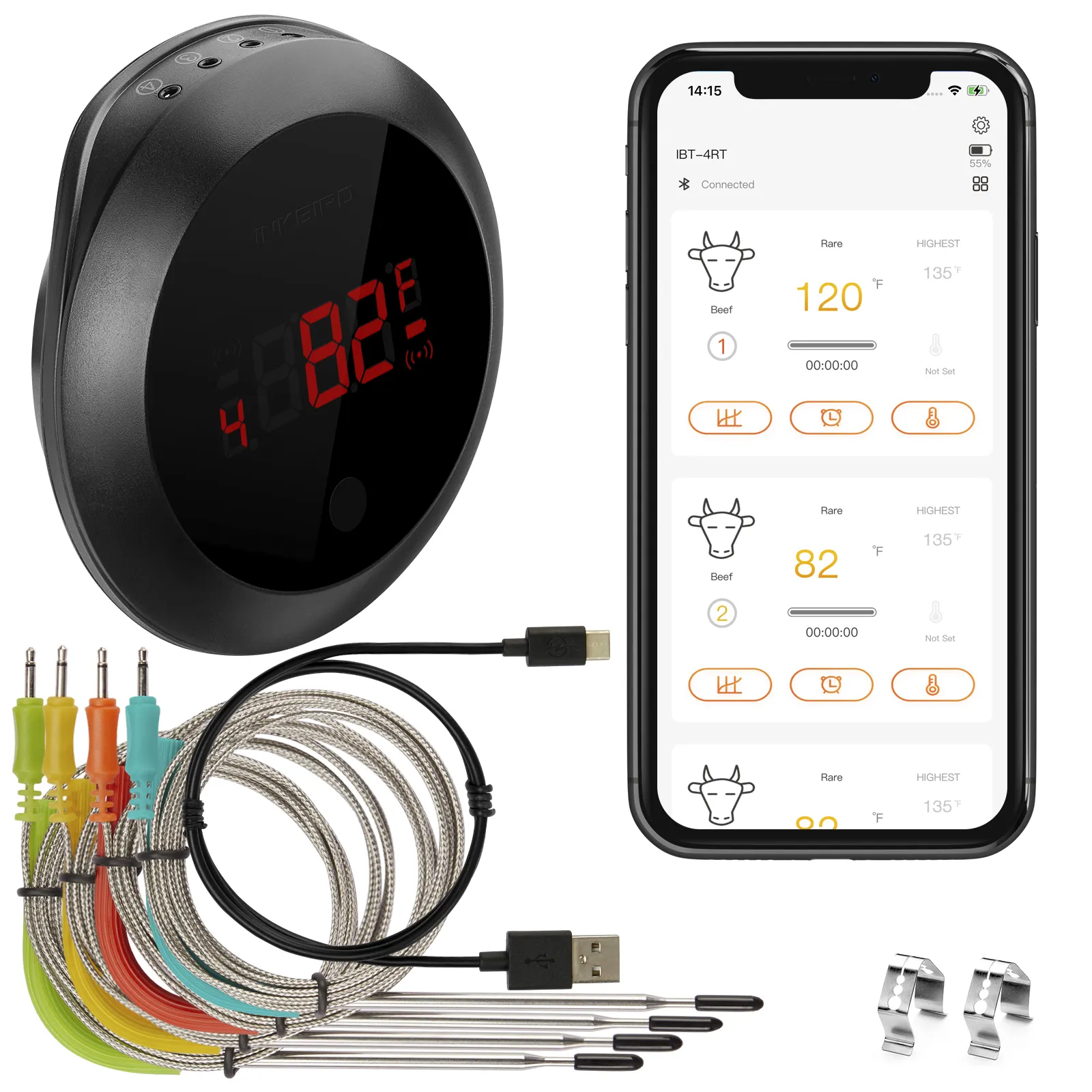 Inkbird IBT-4RT Smart Grill Thermometer Met 4 Gekleurde Probes, Groot Scherm, Draaien Display, Alarm, Timer, temp Grafiek Voor Bbq