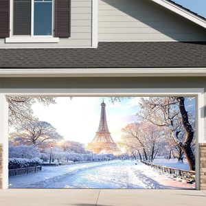 Deecabin 7x16ft đa màu sắc Paris theo chủ đề mùa đông <span class=keywords><strong>Eiffel</strong></span> tháp tuyết cảnh bên trang trí cho cửa nhà để xe - Product Image 2