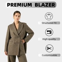 Blazer vintage marron pied-de-poule pour femme, col tailleur, veste de costume mi-longue, coupe ample, vêtement d'extérieur rétro en tweed pour le bureau, la rue et le quotidien
