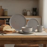 Service de table en grès céramique chinois durable |   Ensemble de 4 assiettes et bols gris |   Compatible lave-vaisselle, compatible four/micro-ondes, résistant à la chaleur