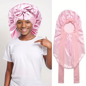 Bonnet en satin double couche pour enfants, tresses, cheveux longs, bleu sarcelle, filles - Product Image 1