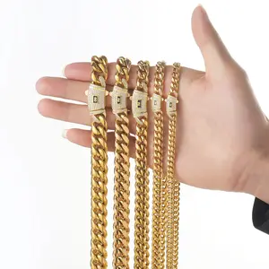 Hip Hop 6-14mm wide necklace stainless steel round grinding encrypted Cuban chain 14K18K titanium steel man bracelet