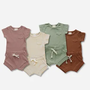 Classical Baby Rib Clothes Infant Toddler bamboo Casual Summer Wear Pocket Tee Shorts Set
