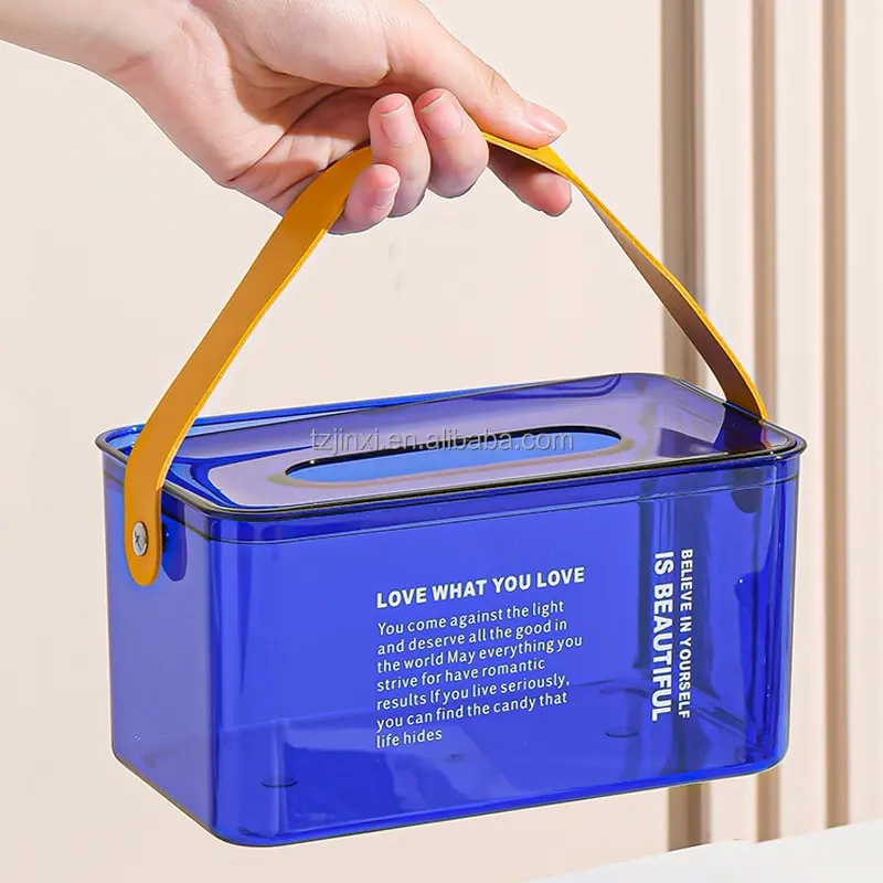 Portable Rectangular Plastic Tissue Box Holder with Leather Handles