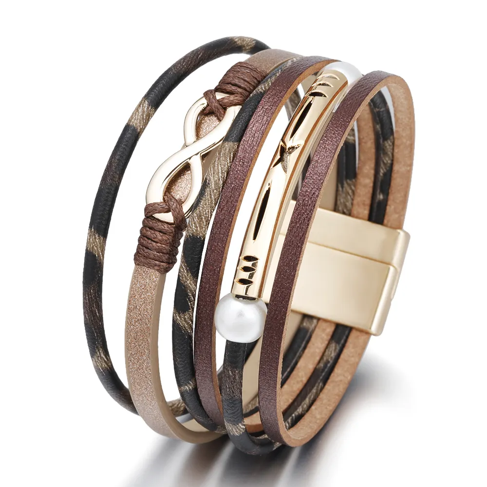 Fashion Infinity Charm Ladies Hollow Copper Tube Pearl Multilayer Leather Bracelets for Woman