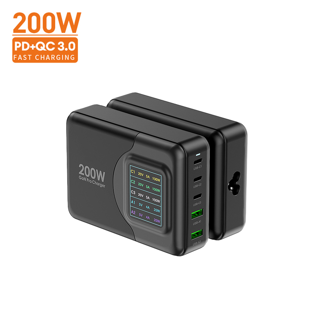 Vina 65W 100W 200W 3A USB-C PD Qc22.5W Charger for Mobile Phones Adaptive Walling Charging GAN Material Compatible EU US Sockets