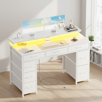 Bureau d'ordinateur compact pour la maison avec support d'écran LED, table d'ordinateur moderne blanche avec 8 tiroirs/prise de courant/port USB